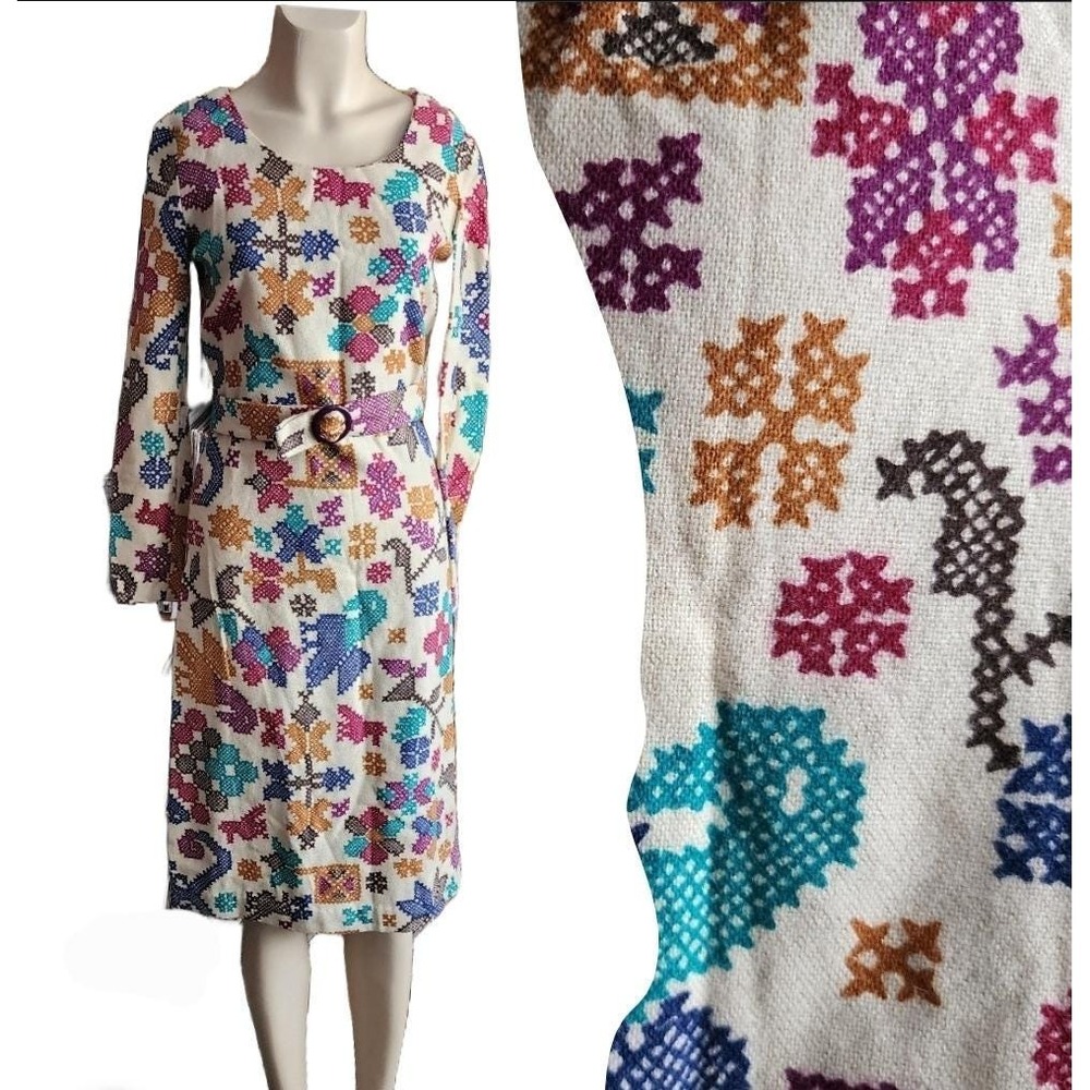 Vintage 1960s Handmade Knit Midi Dress Jewel Tone‎ Cross Hatch Beige M 30 Waist